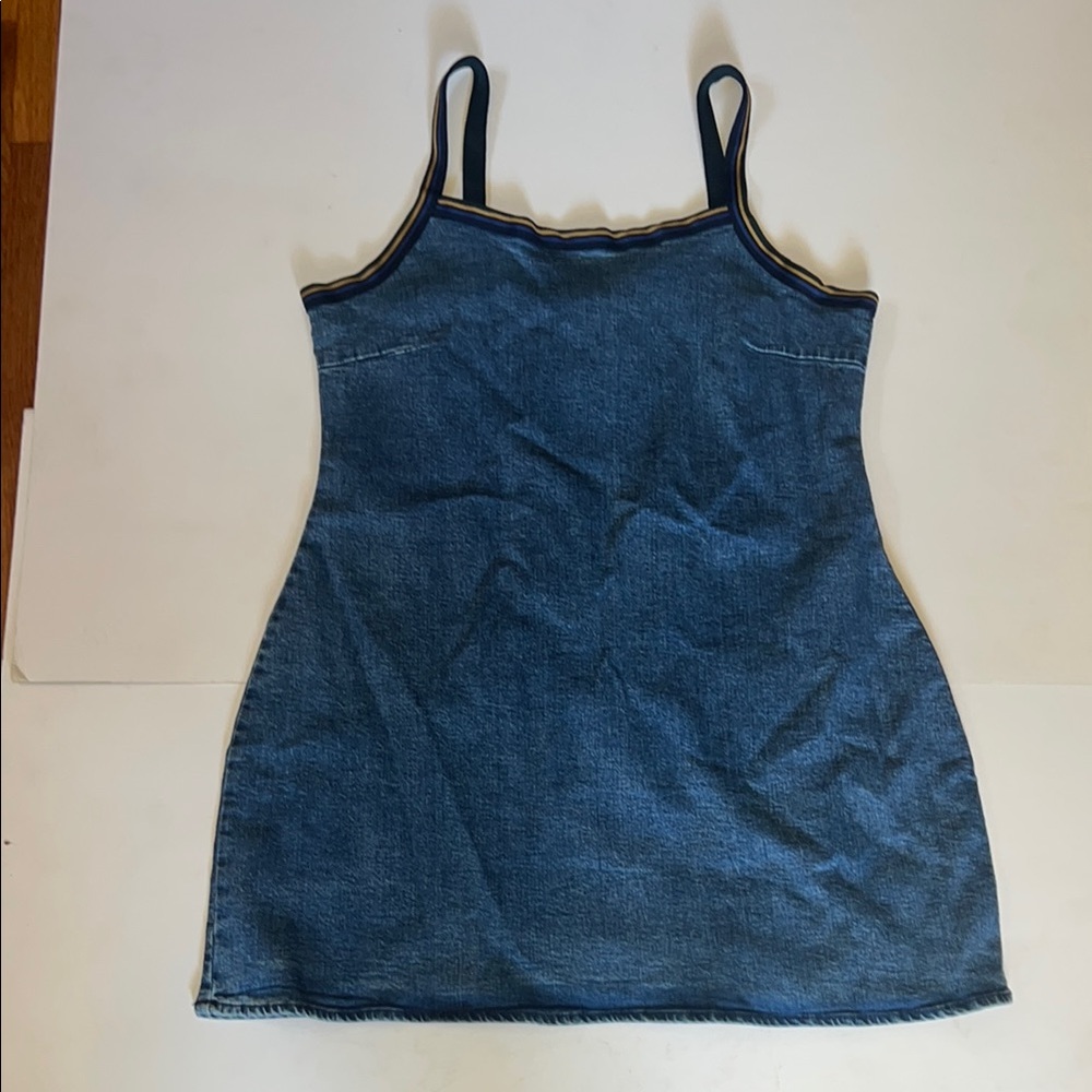 ASOS DESIGN denim cami dress with ribbed trim detail in mid wash blue